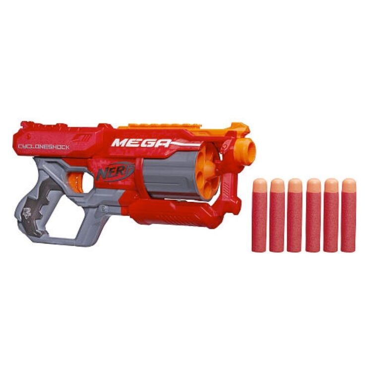 Image of a Nerf toy gun with bullets in red color. 