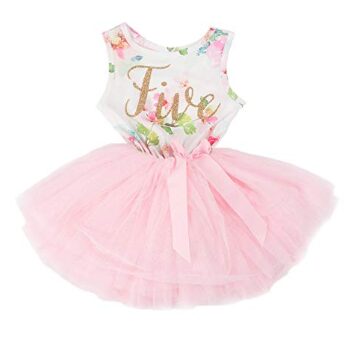 this is an image of a pink floral 5th birthday dress for little girls. 