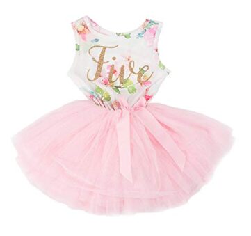 this is an image of a pink floral 5th birthday dress for little girls.