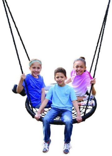 3 children sitting on a swing