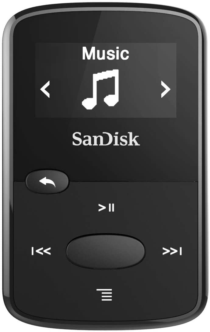 An image of mp3 player in black with LED screen, navigating buttons.