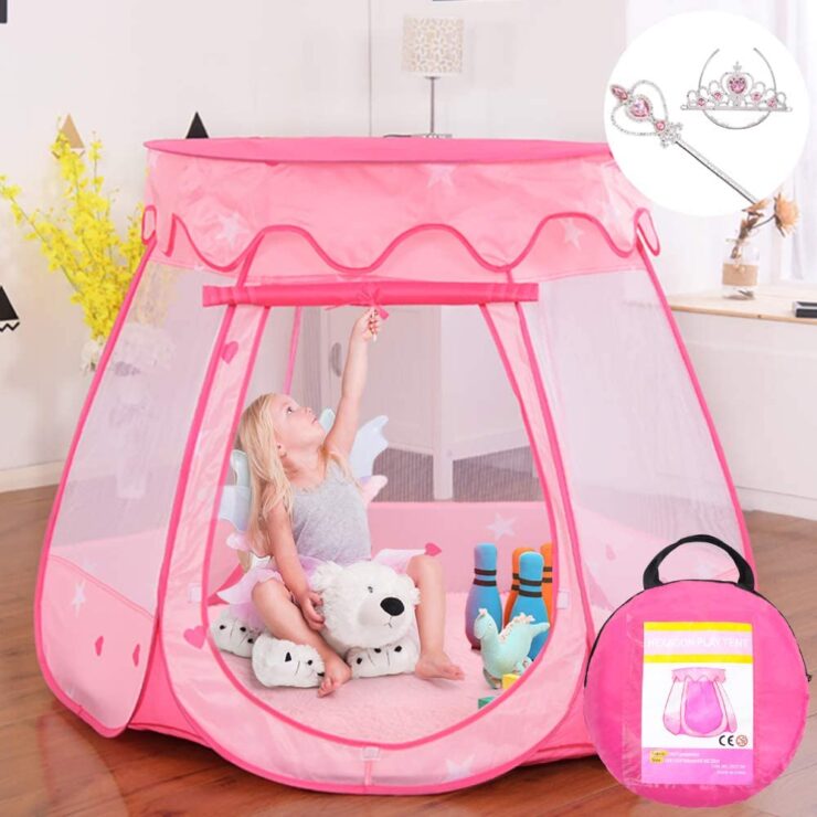 an image of a princess pop-up tent in color pink with storage bag