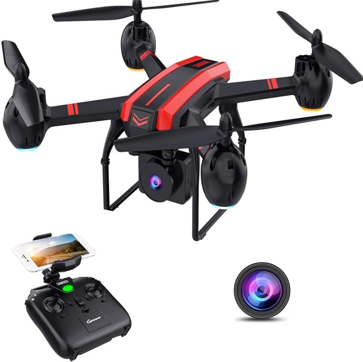image of a drone with control in black and red combination