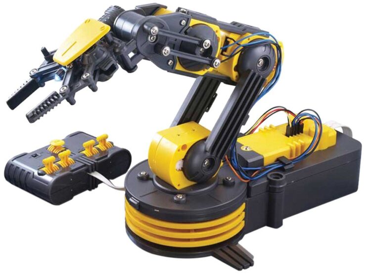 It is an image of robotic arm in yellow and black color.