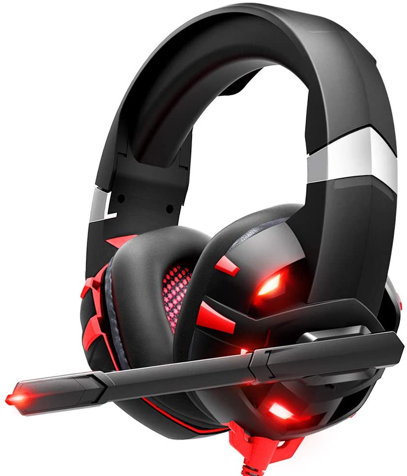 image of a gaming headset in black color with microphone.