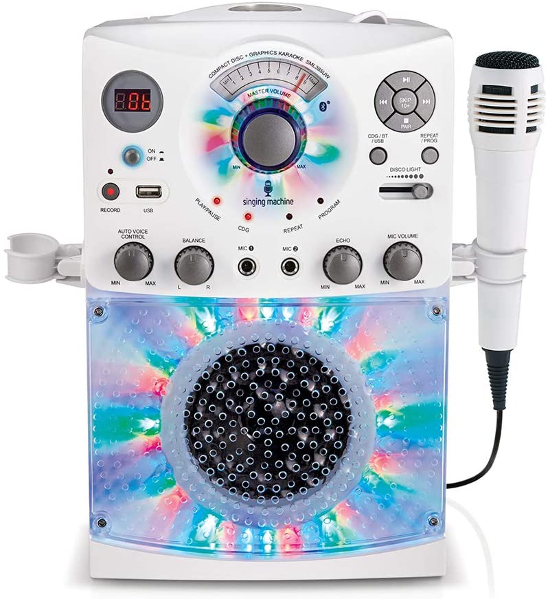 an image of Singing Machine Karaoke set with microphone in white color with LED lights surrounding the speaker