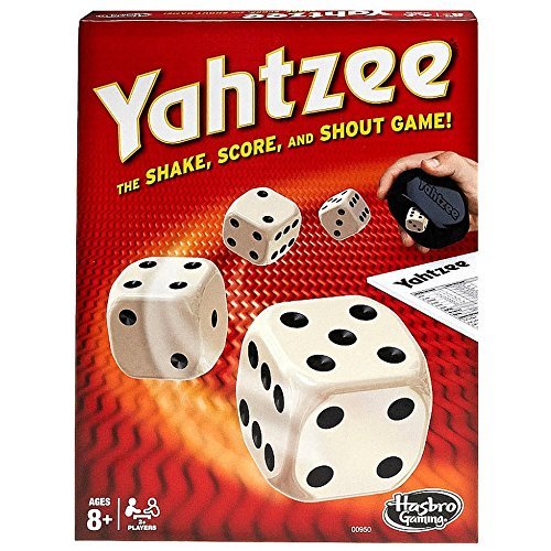 Images of Yahtzee game set with pictures of dices on the box.