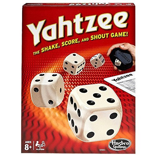 Images of Yahtzee game set with pictures of dices on the box.