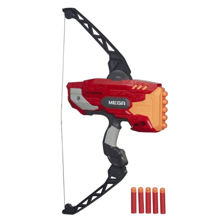 An image of a Nerf bow toy in red and black color, with 4 free arrows.