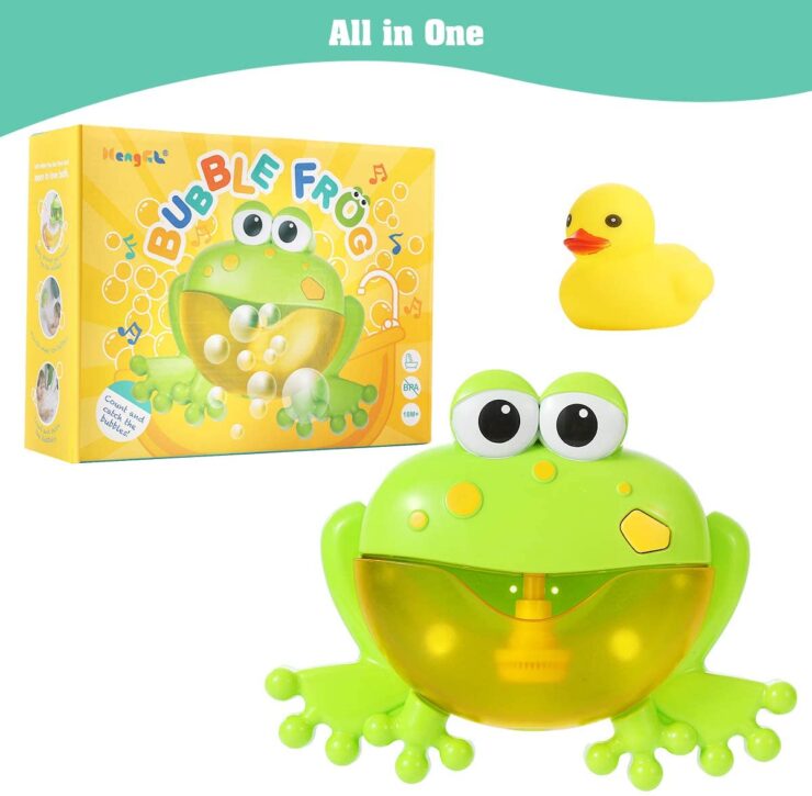 Frog bubble maker, in green and yellow color, with rubber duck