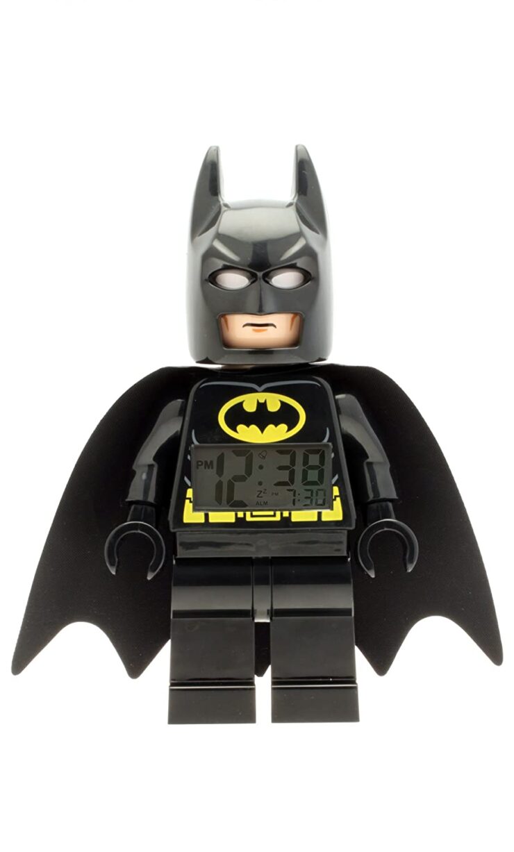 A lego batman alarm clock with digital display.