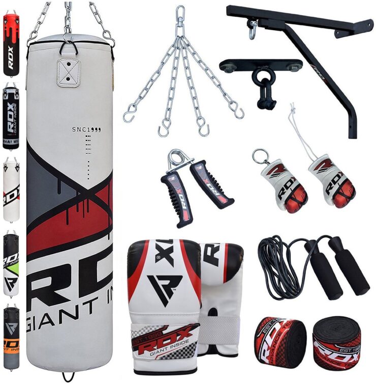 Punching bag, gloves, ropes and other gear 