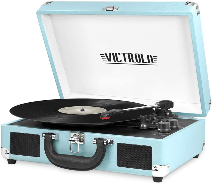 Victrola bluetooth portable record player in light blue color case. 