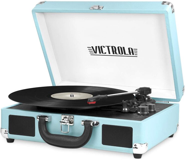 Victrola bluetooth portable record player in light blue color case.
