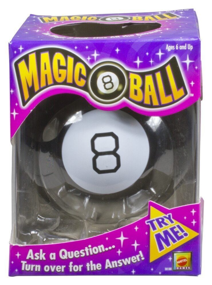 Magic 8 Ball game set in a color violet box.