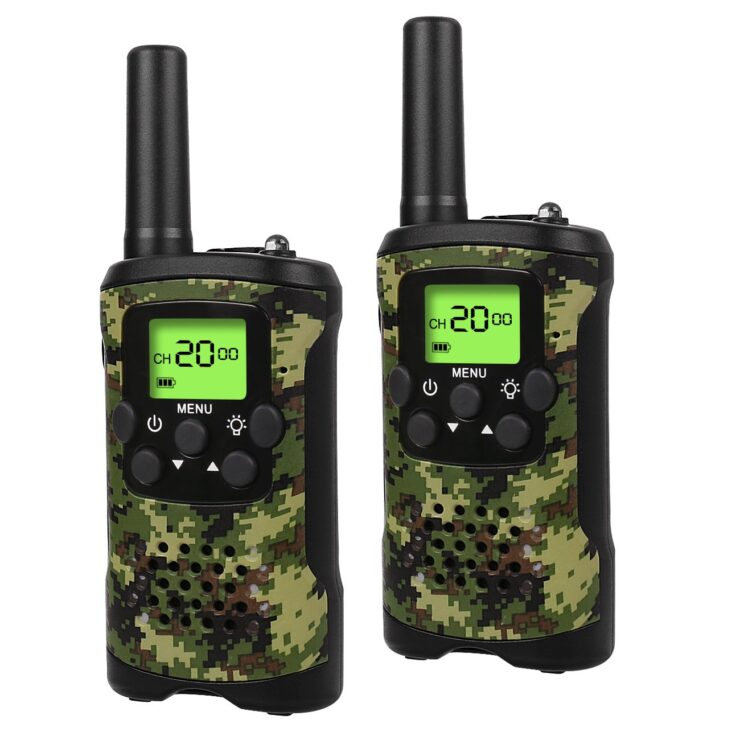 Image of walkie talkie pair with LED display and in camouflage hue.