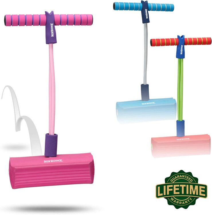 an image of bouncy pogo sticks in blue, pink and red colors.