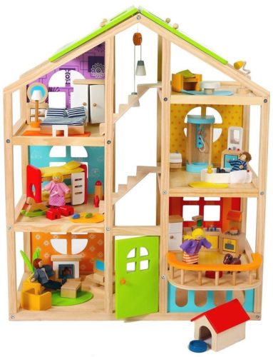 Dollhouse with furniture woden colourful