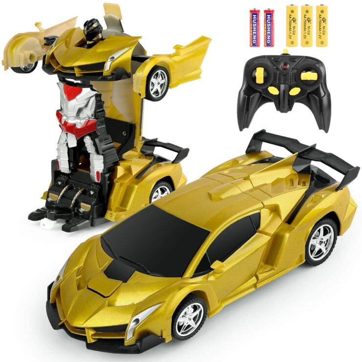 Image of a Yellow Bifyton Remote Control Car transforming into a robot with controller and batteries.
