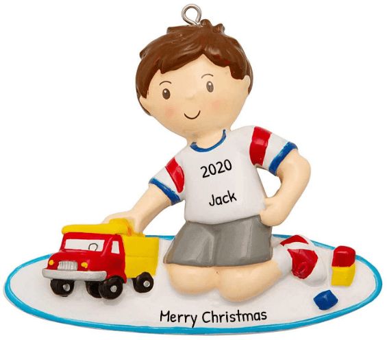Personalized Boy Playing with Truck Christmas Tree Ornament 2023 - Brunette Kid Play Toy Kindergarten Story Toddler Learn Home School Grand-Son First Day Brown Hair Gift Year - Free Customization