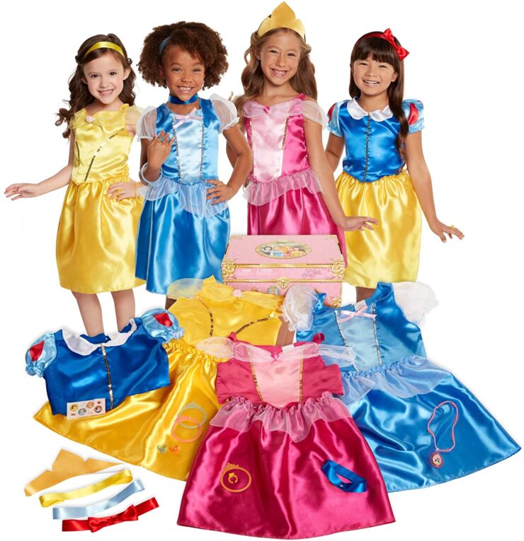 image of four little girls wearing Disney Princesses costumes.