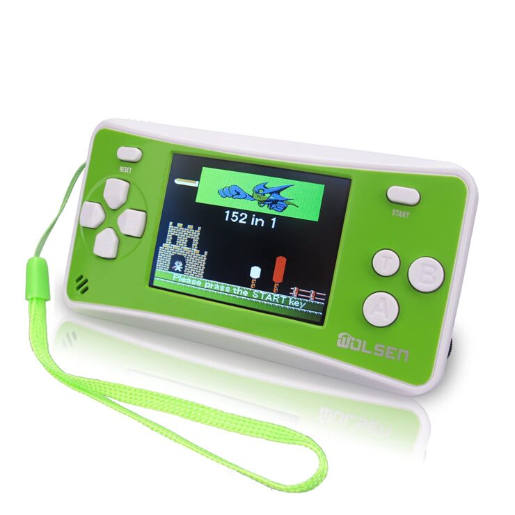 A picture of a hand-held console in yellow-green color.