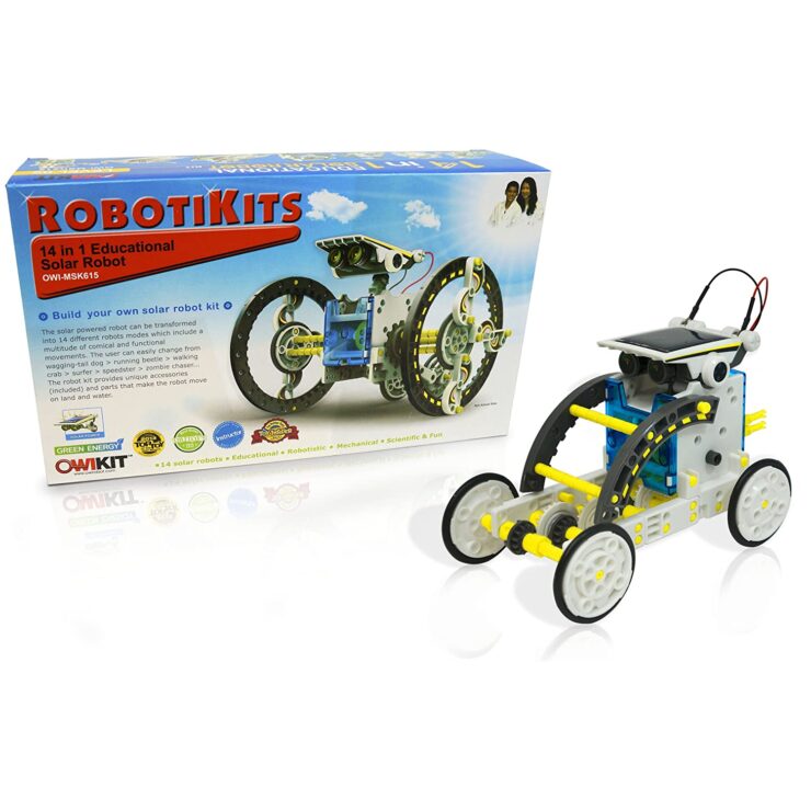 robot kit with constructed robot on wheels