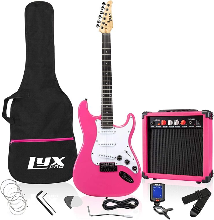 image of LyxPro electric guitar with accesories in color pink.