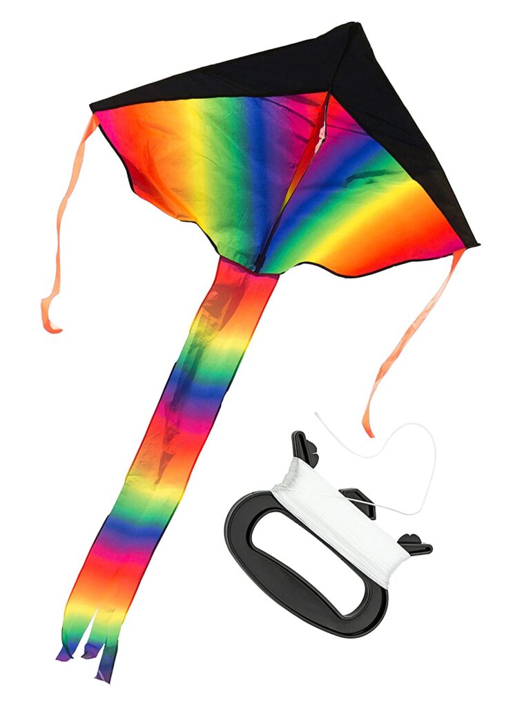 a picture of a kite with holder in rainbow color