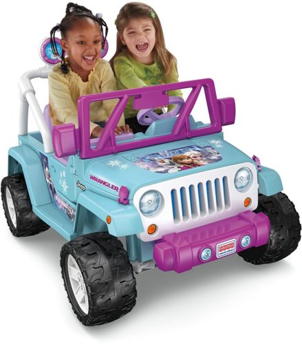 pink rode on power wheel with 2 girls in the jeep laughing