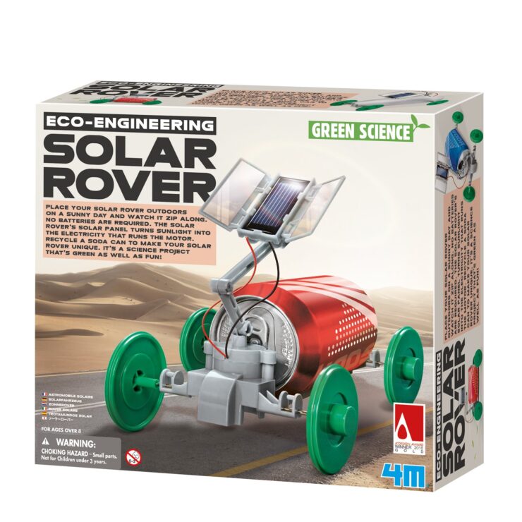 image of a solar rover robot box packaging, with a cola robot print on the box's front part.