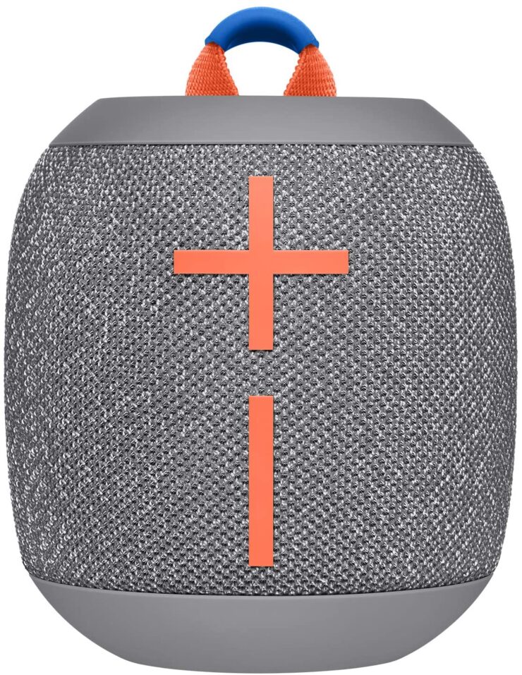 Wonderboom2 speaker in grey color with orange details on front