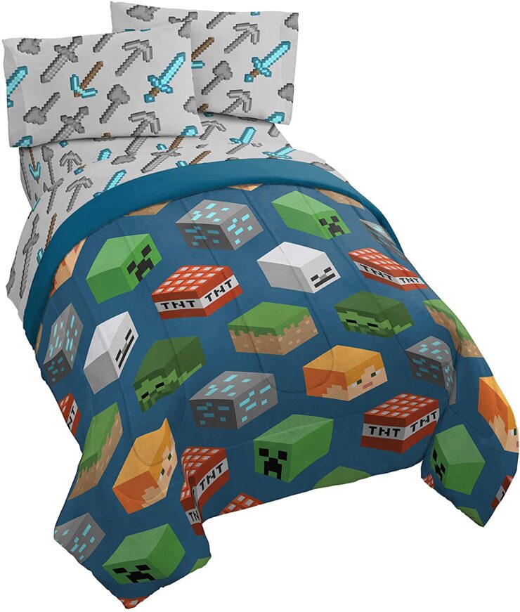 Jay Franco comforter and sheet set in multi-minecraft design.