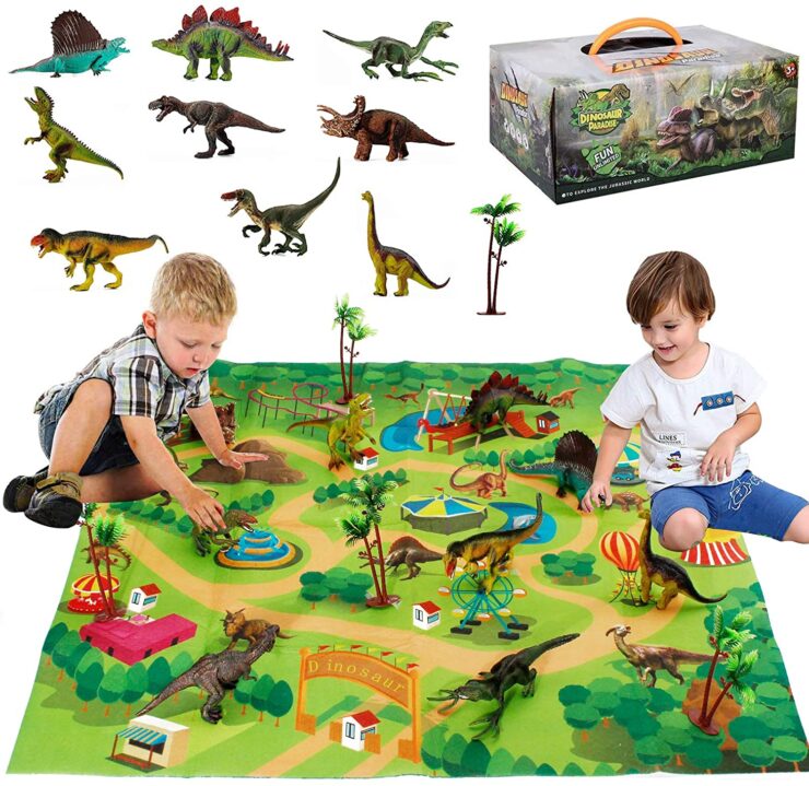 Dinosaur toy figure with playmat & trees, detachable educational playset