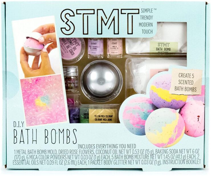 An image of a Bath bomb making set in a turquoise-colored box. 