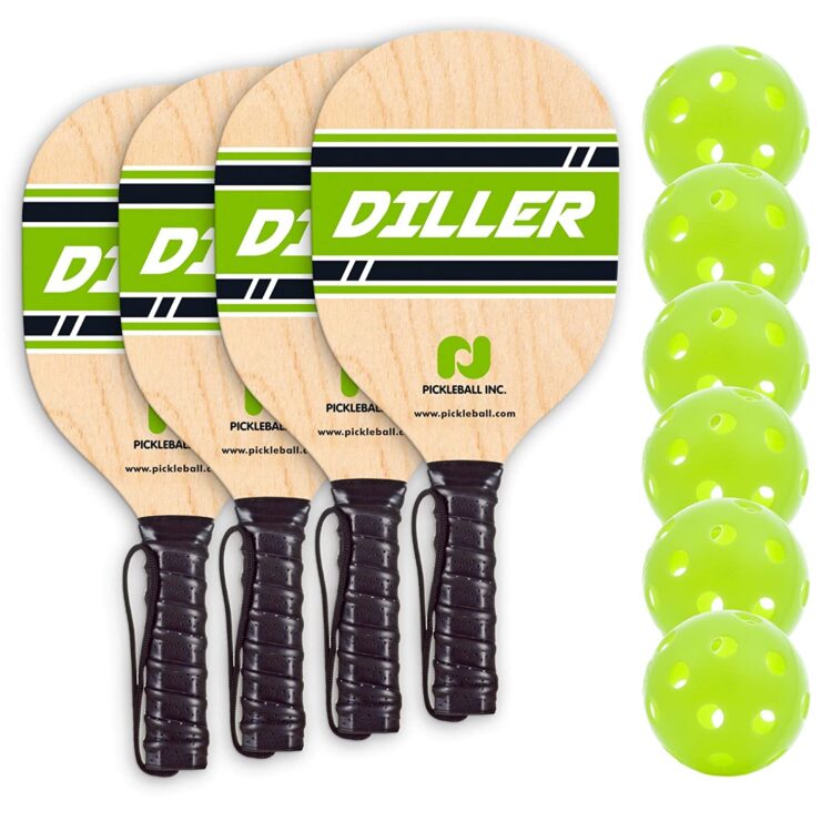 An image of Pickleball game set, with balls in yellowgreen color. 