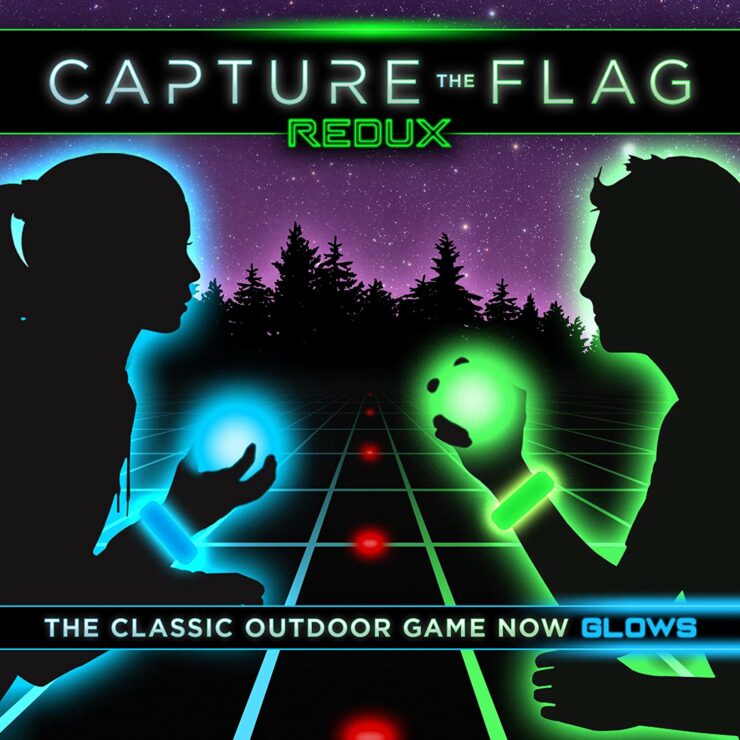 A box containing the Capture the Flag outdoor game set.