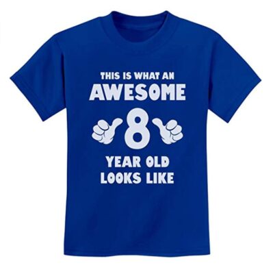 this is an image of a blue 8th birthday t-shirt for kids. 