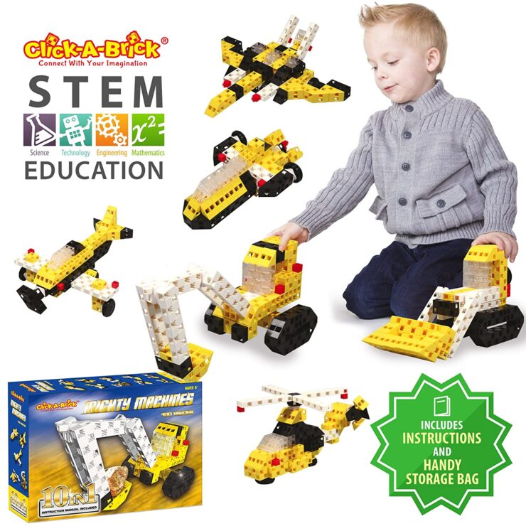 image of a boy playing with STEM building block set for boys in yellow and black color