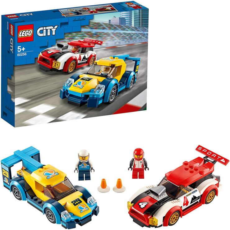 this is an image of a Lego city racing car set with race driver minifigures