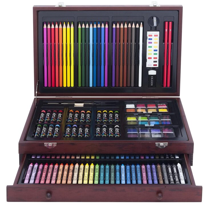 Image of an art set with pastels, crayons, and pencils in a case. 