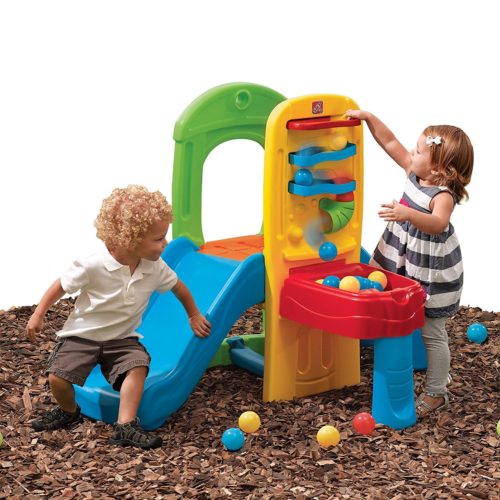 Two toddlers playing with Step2 Play Ball Fun Climber With Slide