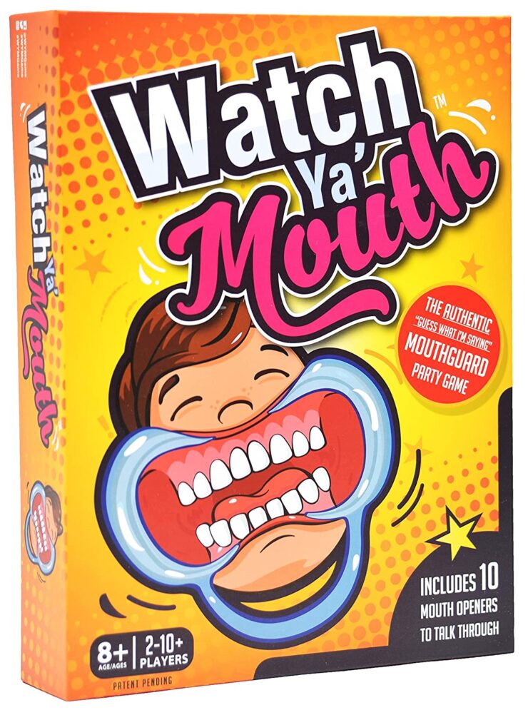 Image of a Watch Ya Mouth cad game in a yellow-orange box with a picture of a cartooned mouth guard on front.