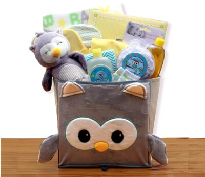 This is an image of baby girl's basket gift prefilled with items 