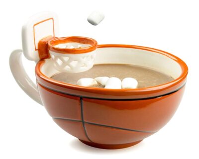 this is an image of an orange mug with a basketball hoop.