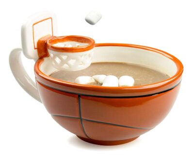 this is an image of an orange mug with a basketball hoop. 