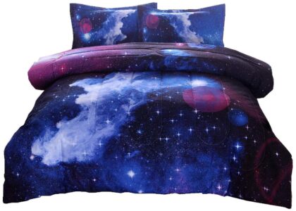 This is an image of kid's Night galaxy bedding set in purple and white colors
