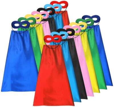 This is an image of boy's superhero capes and masks set. Colorful colors