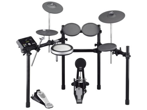 this is an image of a black drum kit for kids. 