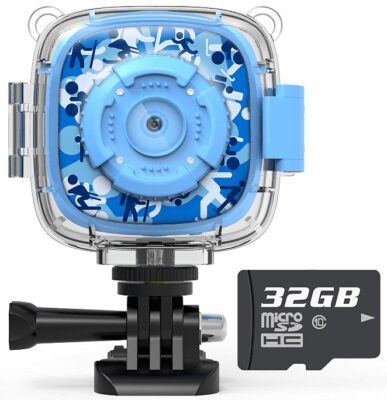 This is an image of boy's action camera with 32GB in blue color